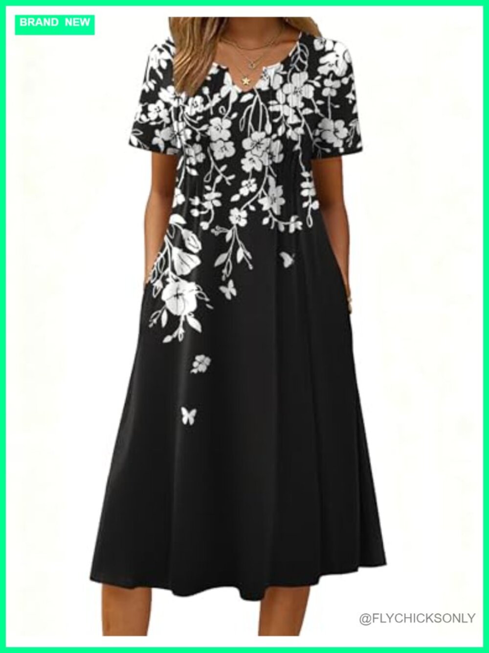 Casual Short Sleeve Midi A-Line Dress with Pockets Flowy Pleated Sundress